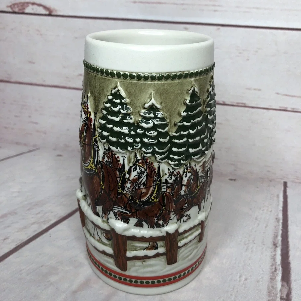 Vintage Budweiser Stein Mug Clydesdales Christmas Ceramarte‎ Snowy Winters Eve